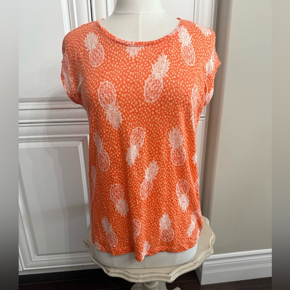 Christian Siriano Medium Linen Cap Sleeve Scoop Neck Top Orange White Pattern